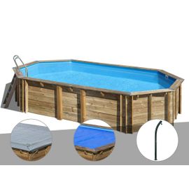 Kit piscine bois Gré Orange 7,55 x 4,56 x 1,46 m + Bâche à bulles + Bâche hiver + Douche