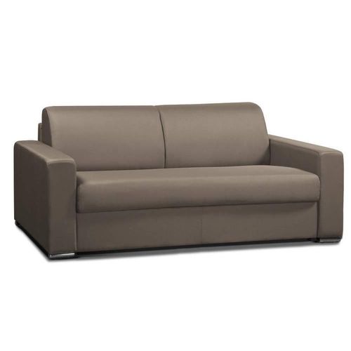 Canapé Convertible 2- Allure Matelas Mémory 20cm Lattes 120cm Cuir Vachette Taupe Clair