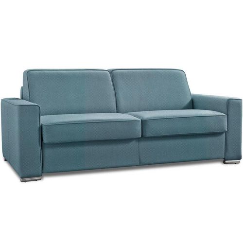 Canapé Convertible 3 Places Excellence 140 Cm Sommier Lattes Matelas Memory 18 Cm Inclus Velours Bleu Azur
