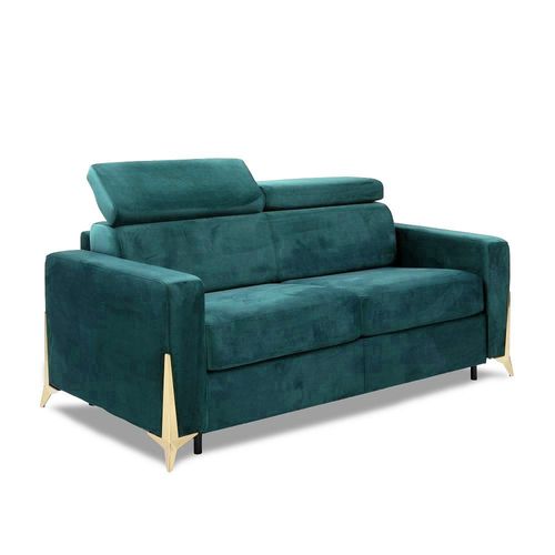 Canapé Express Odacio Convertible 140cm Têtières Réglables Matelas Épaisseur 16cm Pieds Dorés Velours Bleu Vert Menthe