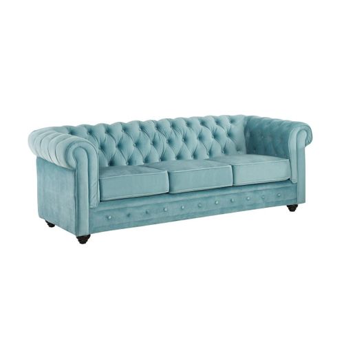 Canapé 3 Places Chesterfield - Velours Bleu Pastel