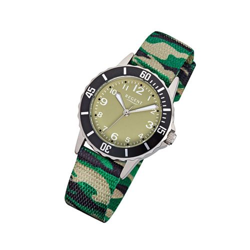 Montre-Bracelet Pour Enfants Regent Vert Noir Beige Analogique F-938 Bracelet Textile Urf938