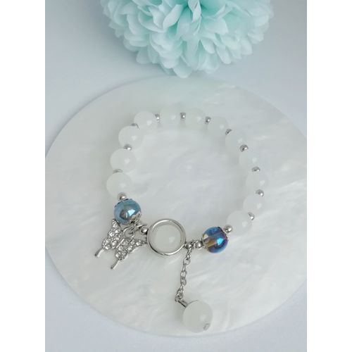 Bracelet En Perles De Verre Blanche Avec Pendentif Papillon