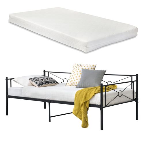 Cadre De Lit Robuste Métallique Avec Lattes En Métal Et Matelas En Mousse Acier Laqué 90 X 200 Cm Noir Mat 03_0004908