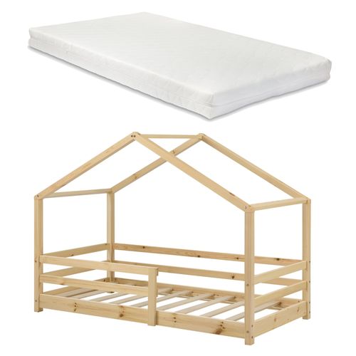 Lit D'enfant Design En Forme Maison Cabane Avec Barrière De Protection Avec Matelas En Mousse Bois De Pin 90x200 Cm Couleur Naturel 03_0005469