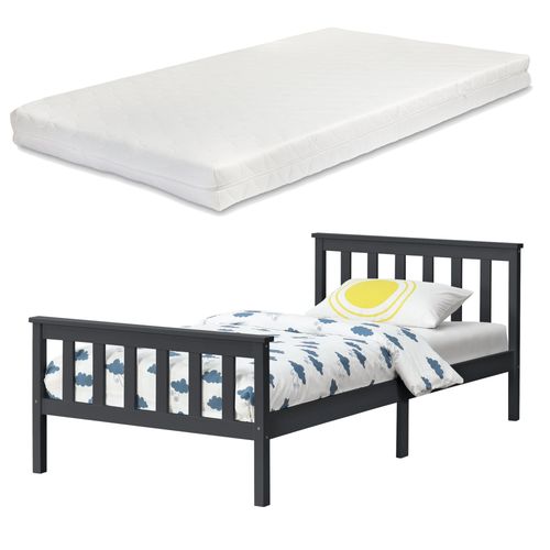 Cadre De Lit Pour Adultes En Bois De Pin Avec Sommier À Lattes Et Matelas En Mousse 90x200 Cm Gris Foncé Mat 03_0004781