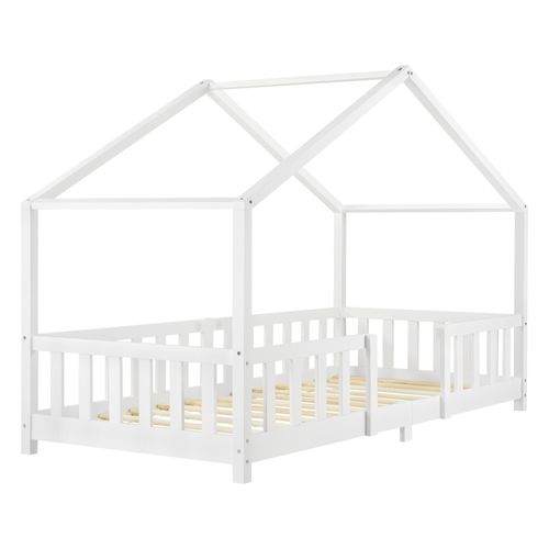 Lit D'enfant Design En Forme Maison Avec Barrière Sécurité Construction Solide Bois De Pin Contreplaqué Blanc 90x200 Cm 03_0005465