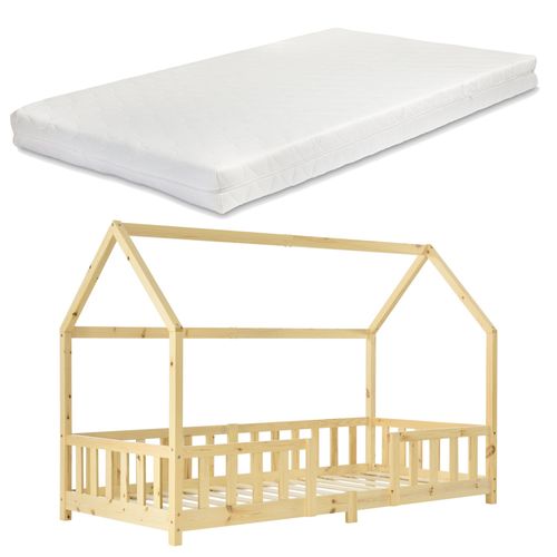 Lit Pour Enfant Forme Maison Cabane Avec Matelas En Mousse Avec Barrière Anti Chute En Bois De Pin Contreplaqué 90x200 Cm Naturel 03_0005479