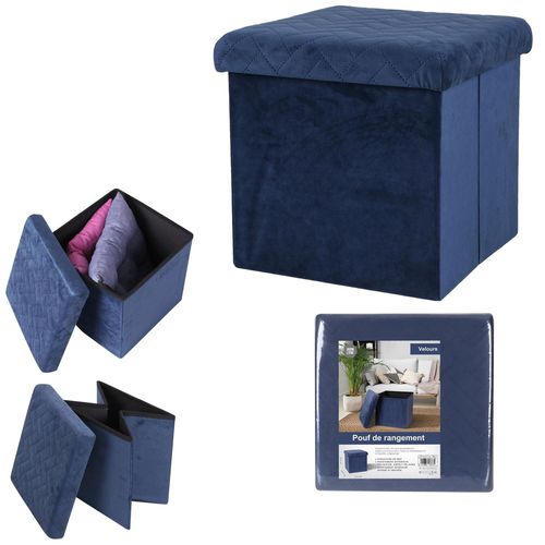 Pouf De Rangement Pliable Kube En Velours - Bleu