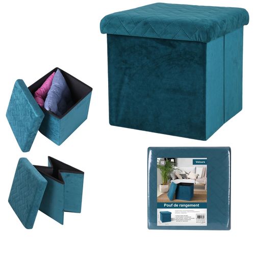 Pouf De Rangement Pliable Kube En Velours - Bleu Vert