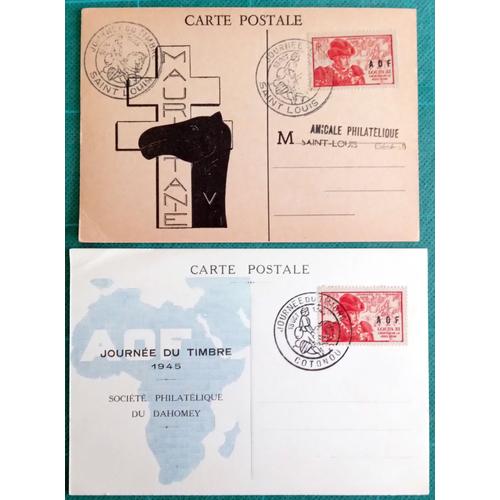 Lot De 2 Cartes Postales Journée Du Timbre Aof 1945 (Dahomey Et Mauritanie, Timbre Louis Xi)