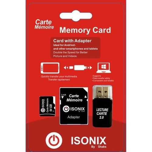 Isonix Carte Mémoire Micro-Sd 64 Go Micro Sdhc/Sdxc + Adaptateur 100% Réel Class 10 + Lecture Carte