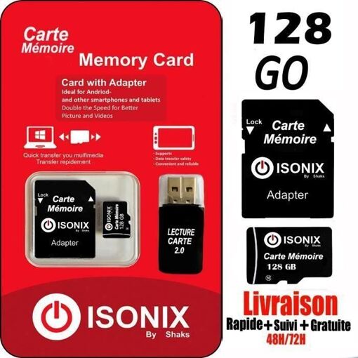 ISONIX Carte Mémoire Micro-sd 128 go Micro SDHC/SDXC + Adaptateur 1...