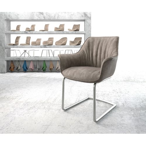 Chaise-Rembourrée Keila-Flex Avec Accoudoir Cantilever Rond Acier Inoxydable Taupe Vintage