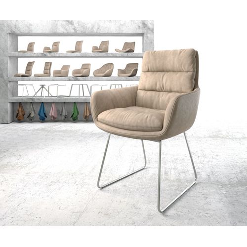Chaise-Rembourrée Abelia-Flex Avec Accoudoir Cadre Croisé Acier Inoxydable Beige Vintage