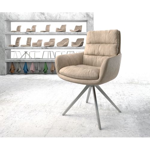 Chaise-Rembourrée-Pivotante Abelia-Flex Avec Accoudoir Cadre Croisé Carré Acier Inoxydable Beige Vintage