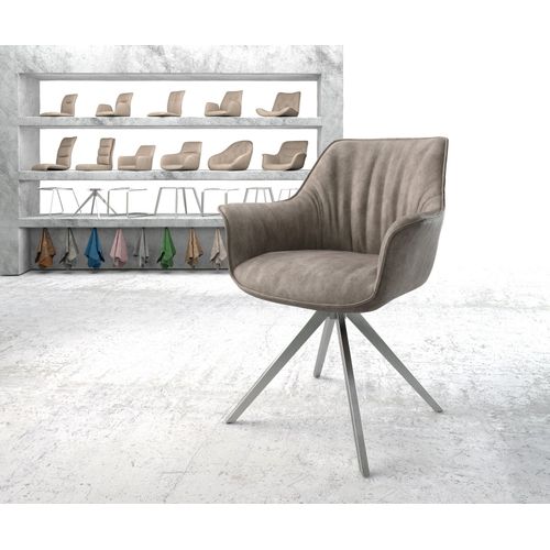 Chaise-Rembourrée-Pivotante Keila-Flex Avec Accoudoir Cadre Croisé Carré Acier Inoxydable Taupe Vintage