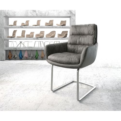 Chaise-Rembourrée Abelia-Flex Avec Accoudoir Cantilever Rond Acier Inoxydable Gris Vintage