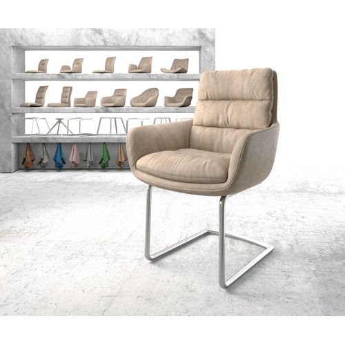 Chaise-Rembourrée Abelia-Flex Avec Accoudoir Cantilever Rond Acier Inoxydable Beige Vintage