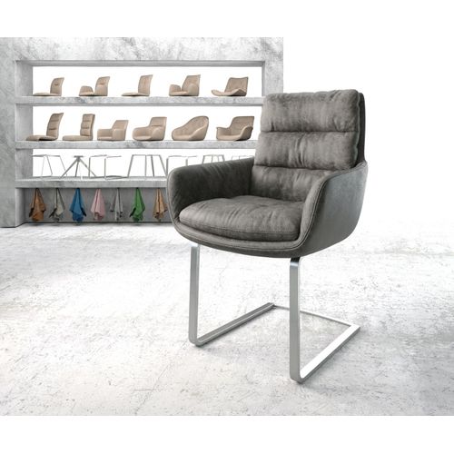 Chaise-Rembourrée Abelia-Flex Avec Accoudoir Cantilever Plat Acier Inoxydable Gris Vintage