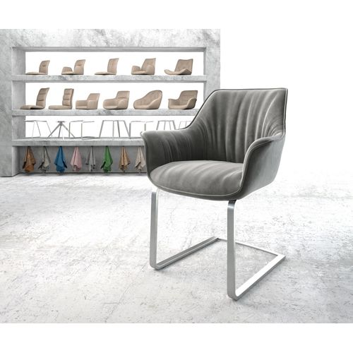 Chaise-Rembourrée Keila-Flex Avec Accoudoir Cantilever Plat Acier Inoxydable Velours Gris