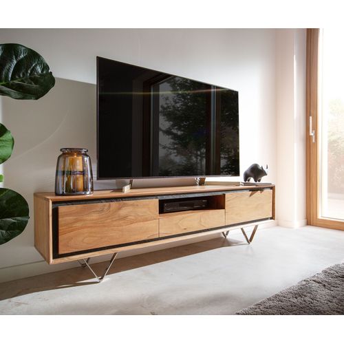 Plateau-Tv Stonegrace Acacia Nature 175 Cm 2 Portes 1 Compartiment 1 Tiroir Placage En Pierre Buffet Bas ? Pieds En V