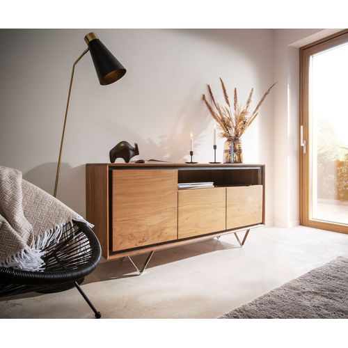 Commode Stonegrace Acacia Nature 145 Cm 3 Portes 1 Compartiment Placage En Pierre Buffet ? Pieds En V