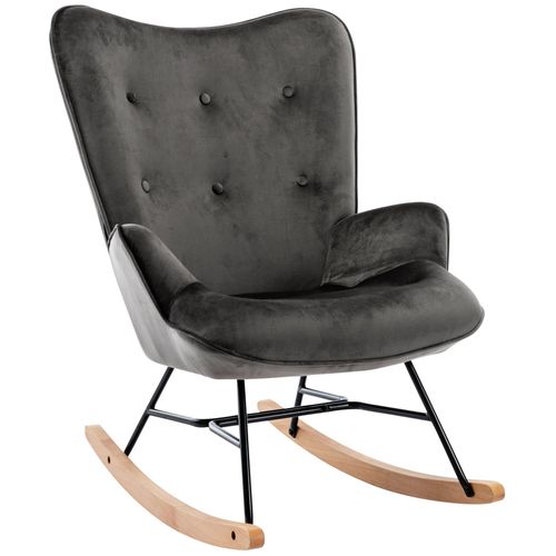 Fauteuil À Bascule Rocking Chair Bouton Décoratif En Tissu Velours Gris Foncé Confortable Et Design Fab10071