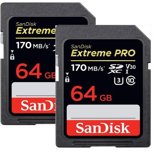 Paquet De Deux Carte mémoire SDXC SanDisk Extreme PRO 64 Go jusqu'à 170  Mo/s, UHS-I, Classe 10, U3, V30 - 2PCS/PACK