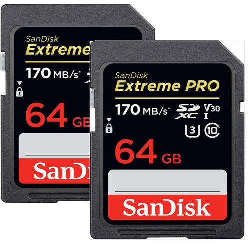 Paquet De Deux Carte mémoire SDXC SanDisk Extreme PRO 64 Go jusqu'à 170 Mo/s, UHS-I, Classe 10, U3, V30 - 2PCS/PACK