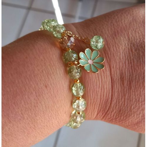 Bracelet Femme Charms Perle Fleur Dore Vert