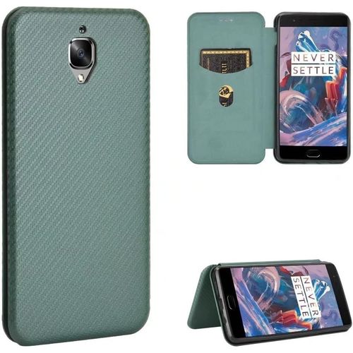 Compatible Avec Coque One Plus 3, Mince Flip Fibre De Carbone [Test De Chute] Antichoc Stand Fente Avec Carte, Protecteur D'écran En Verre Trempé*2-Vert