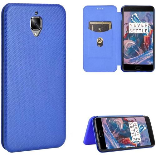Compatible Avec Coque One Plus 3, Mince Flip Fibre De Carbone [Test De Chute] Antichoc Stand Fente Avec Carte, Protecteur D'écran En Verre Trempé*2-Bleu