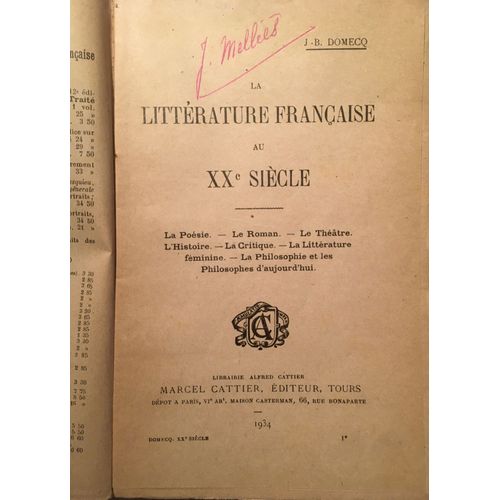 La Littrature Franaise Au Xxe Sicle Domecq Cattier 1934   