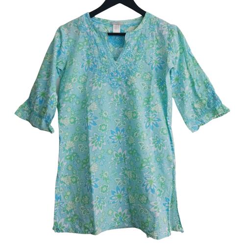 Tunique. Blouse Bleu Ciel Imprime Fleurs Bleu, Vert Et Blanc. Broderies. Sequins. La Redoute. Coton. Taille 13 / 14 Ans / 156 Cm