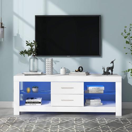 Meuble Tv Led Blanc Brillant 130cm - Meuble Tv Moderne Pour Salon Et Chambre À Coucher Avec Meubles De Rangement