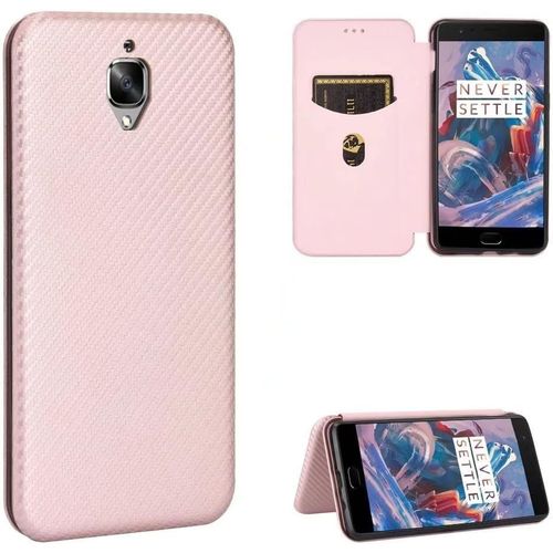 Compatible Avec Coque One Plus 3, Mince Flip Fibre De Carbone [Test De Chute] Antichoc Stand Fente Avec Carte, Protecteur D'écran En Verre Trempé*2-Or Rose