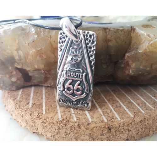 Pendentif Route 66 Acier Poli Et Brut - Plaque Militaire Biker - Motard  Rocker - Hard Rock