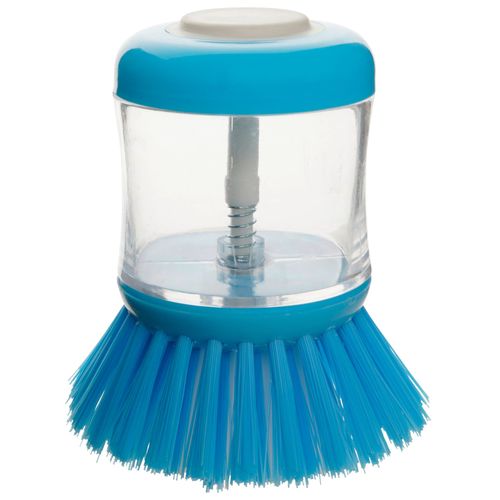 Fackelmann 41576 Brosse à vaisselle, brosse avec réservoir pour liquide vaisselle, brosse vaisselle pour plats et assiettes sales, Plastique, Bleu, 8 x 7 x 5 cm