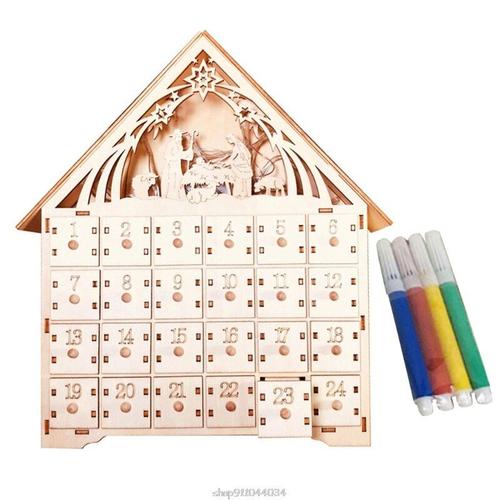 Calendrier De L'Avent En Tilleul Avec 4 Stylos À Aquarelle, 24 Tiroirs Extractibles, Lumière Led, Décoration De Noël, Cadeau D'Ornements, Ap07 21