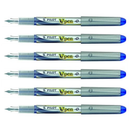 Pilot Lot De 6 Stylos Plume Jetable V-Pen Silver Pte Moyenne Bleu