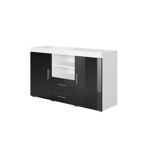 Buffet Bahut 2 Portes 2 Tiroirs | 140 X 80 X 40 Cm | Couleur Blanc Et Noir Finition Brillante | Meuble De Rangement | Modèle Roque