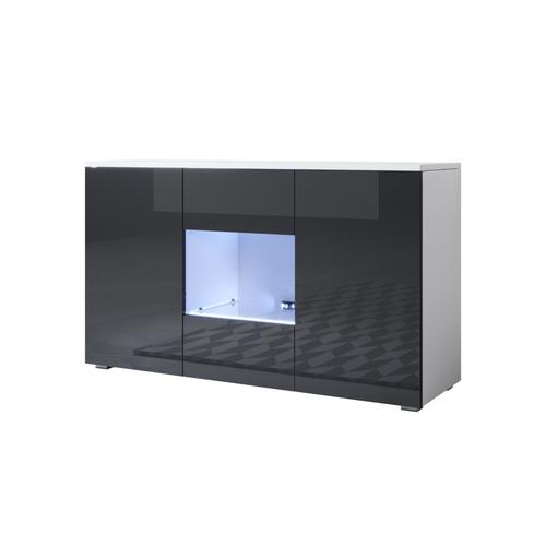 Buffet Bahut 3 Portes 2 Étagères Vitrine Avec Led | 120 X 72 X 40 Cm | Couleur Blanc Et Noir Finition Brillante | Meuble De Rangement | Modèle Luke A2