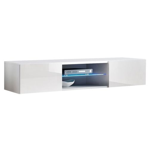 Meuble Tv 2 Portes 1 Vitrine  Blanc Finition Brillante Led  160 X 30 X 38.5cm  Tibi