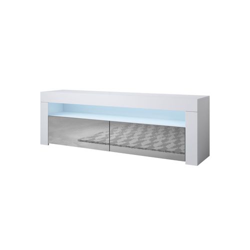 Meuble Tv 2 Portes  Blanc Et Gris Finition Brillante Led 16 Couleurs  140 X 50,5 X 35cm  Aker