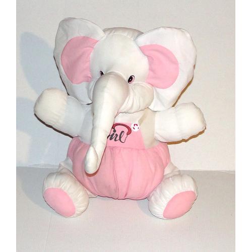 Peluche Elephant Blanc Rose Girl En Tissus - Doudou Elephant 37 Cm