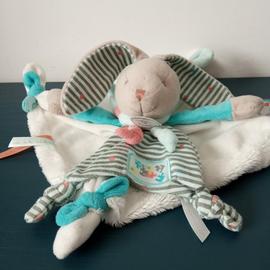 Doudou plat lapin crème bleu DC202