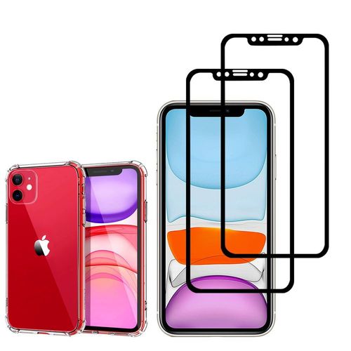 Coque Silicone Tpu Souple Pour Apple Iphone 11 6.1" Anti-Choc Ultra Résistant Avec Coins Renforcés - Transparent + 2 Films Verre Trempé - Noir