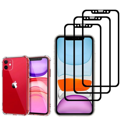 Coque Silicone Tpu Souple Pour Apple Iphone 11 6.1" Anti-Choc Ultra Résistant Avec Coins Renforcés - Transparent + 3 Films Verre Trempé - Noir