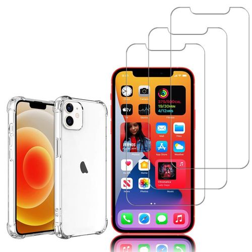 Coque Silicone Tpu Souple Pour Apple Iphone 12 6.1" Anti-Choc Ultra Résistant Avec Coins Renforcés - Transparent + 3 Films Verre Trempé - Transparent